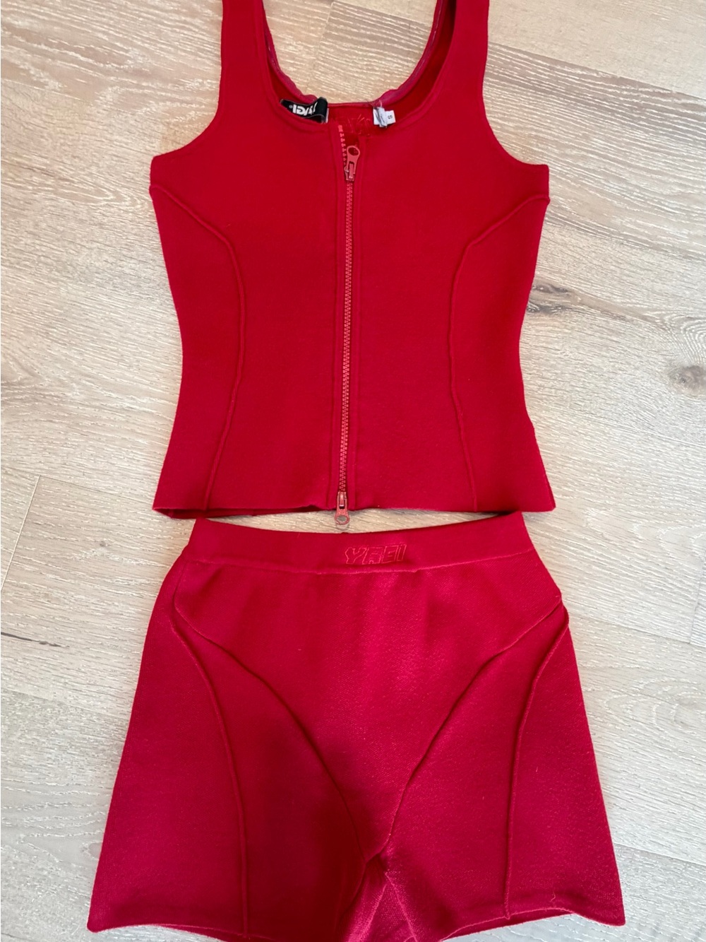 Red Zipper Tank and High-Waist Shorts Set